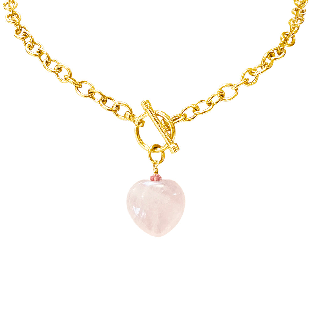 Give a Little Love Rose Quartz Heart On 14k Plate Yellow Toggle Chain