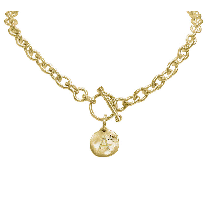 1 Gold Diamond Initial Charm suspended from Gold Heavy Cable Chain (INCLUDES CHAIN AND 1 CHARM)