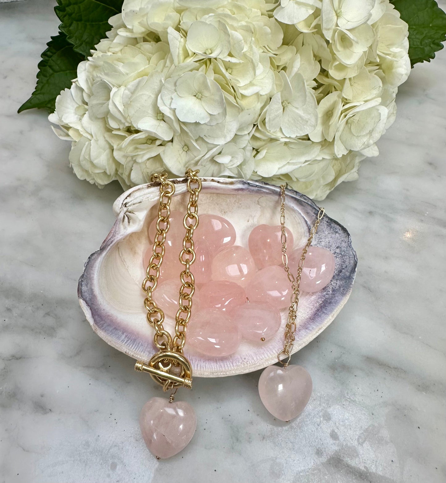 Give a Little Love Rose Quartz Heart On 14k Plate Yellow Toggle Chain