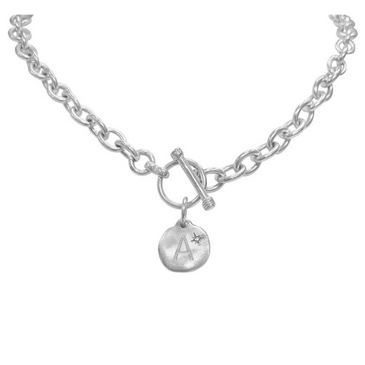 1 Diamond Sterling Silver Initial Charm suspended from Sterling Silver Toggle Chain (INCLUDES CHAIN & 1 CHARM)