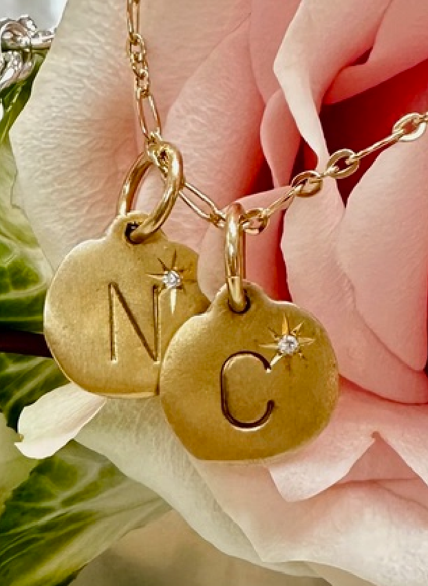 1 Gold Diamond Initial Charm suspended from Gold Heavy Cable Chain (INCLUDES CHAIN AND 1 CHARM)